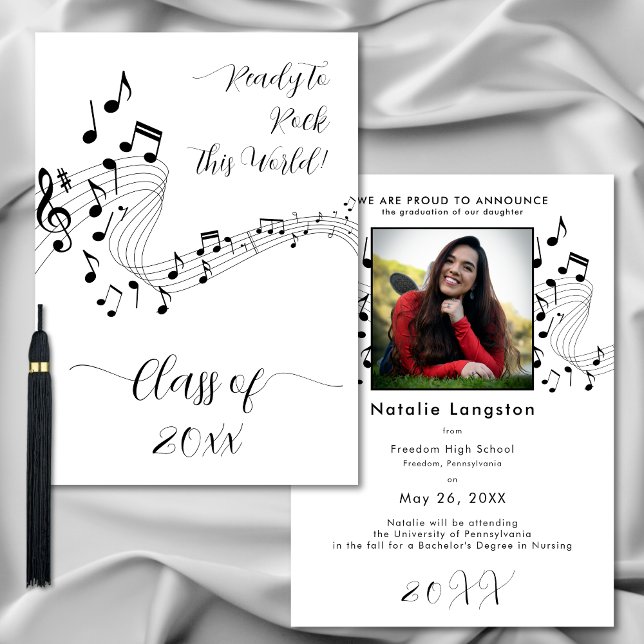 Anúncio do Formando Rock Black White (Rock Music Black White Photo Graduate Announcement)