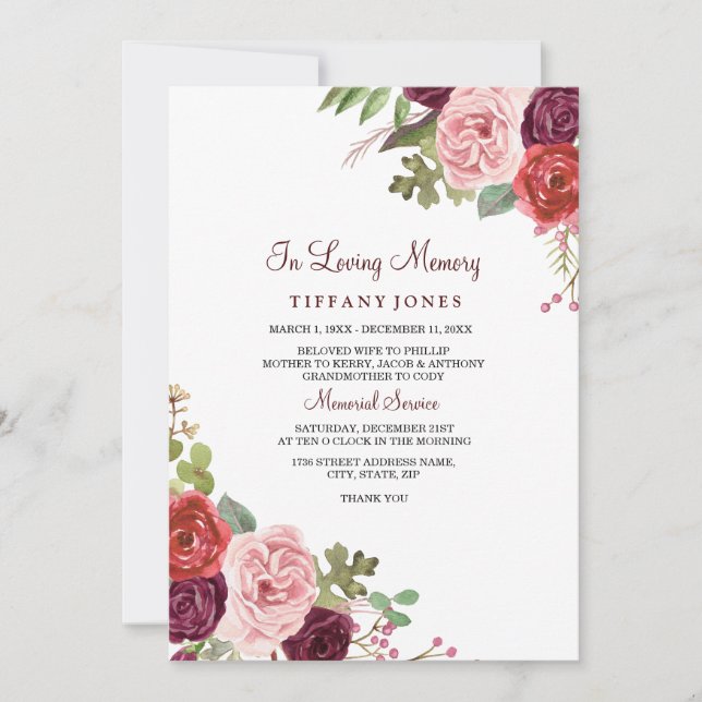 Anúncio do Serviço de Memória Floral da Burgundy (Frente)