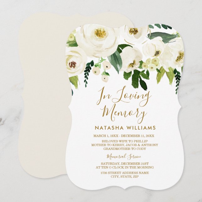 Anúncio do Serviço Funeral Floral Branco Elegante (Frente/Verso)