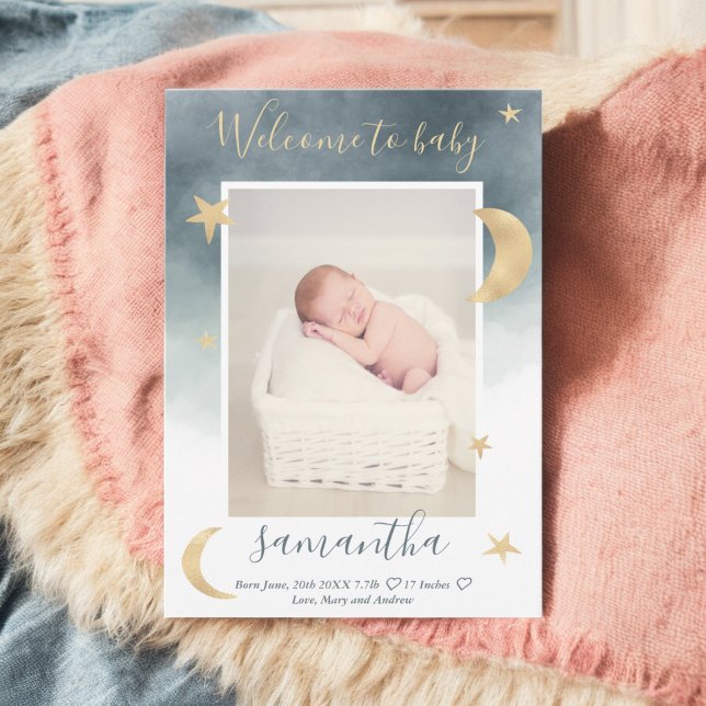 Anúncio Dourada lua estrelas azul cor d'água fotografia be (Gold moon stars blue watercolor photo baby birth announcement)