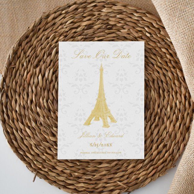 Anúncio Dourado Dano Da Torre Eiffel Salve A Data (Gold Eiffel Tower Damask Save the Date)