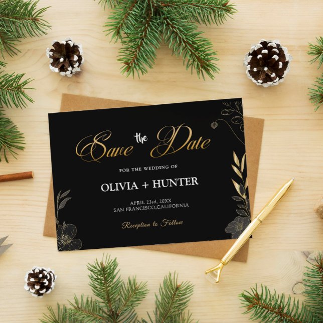 Anúncio Dourado e preto moderno legante (Elegant Modern Black and Gold Floral save the date)
