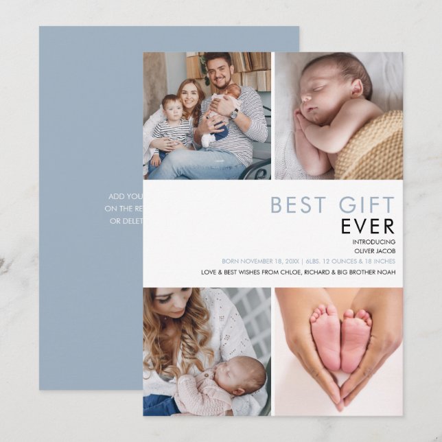 Anúncio Dusty Blue Baby Boy Modern 4 Fotografia Nascimento (Frente/Verso)