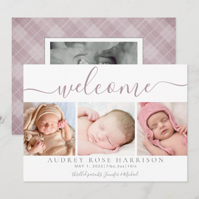 Anúncio Dusty Mauve Welcome Baby Photo Collage Birth (Frente/Verso)