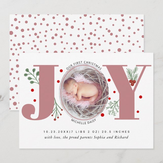 Anúncio Dusty rosa Joy Primeiro Natal Foto de Nascimento (Frente/Verso)