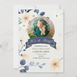 Anúncio É um menino, azul e borboletas amarelas