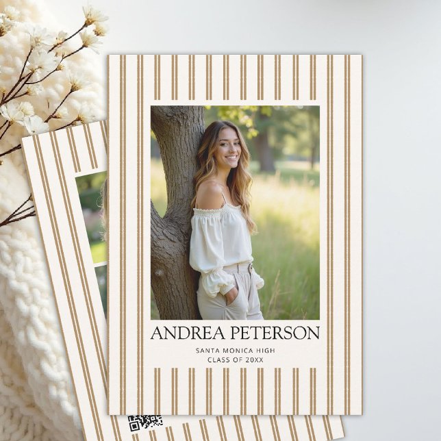 Anúncio Earthy Stripes Graduation Photo Collage QR Code (graduation announcement party invitation photo collage earthy organic natural stripes tan beige)