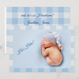 Anúncio Ele está aqui|Baby Boy Blue Gingham Modern Birth