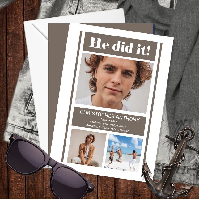 Anúncio Ele Fez Uma Graduação Greige Minimalista Simples (Criador carregado)