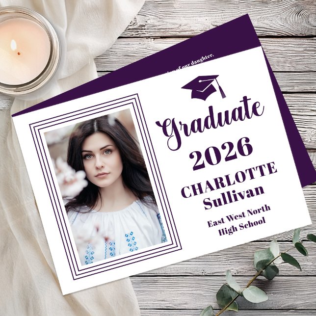 Anúncio Elegant 2026 Graduate Graduation Portrait Photo  (Elegant Modern Graduation Portrait Photo Announcement - Print | Digital - Purple | White Reverse)