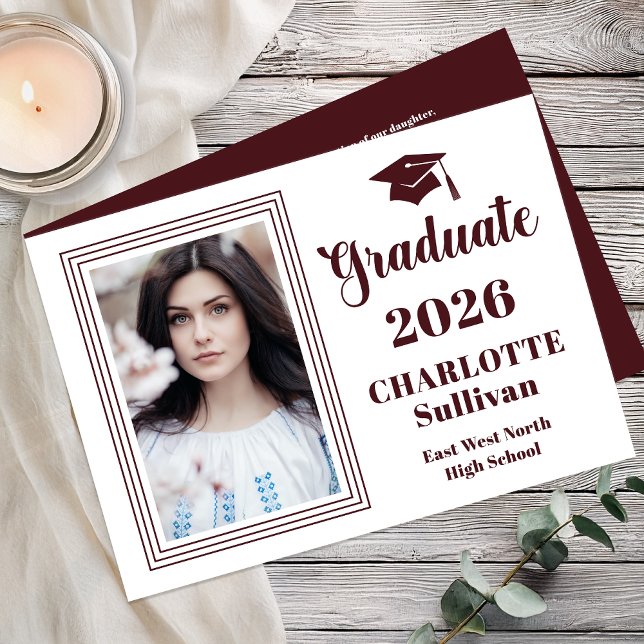 Anúncio Elegant 2026 Graduate Graduation Portrait Photo  (Elegant Modern Graduation Portrait Photo Announcement - Print | Digital - Wine White Reverse)
