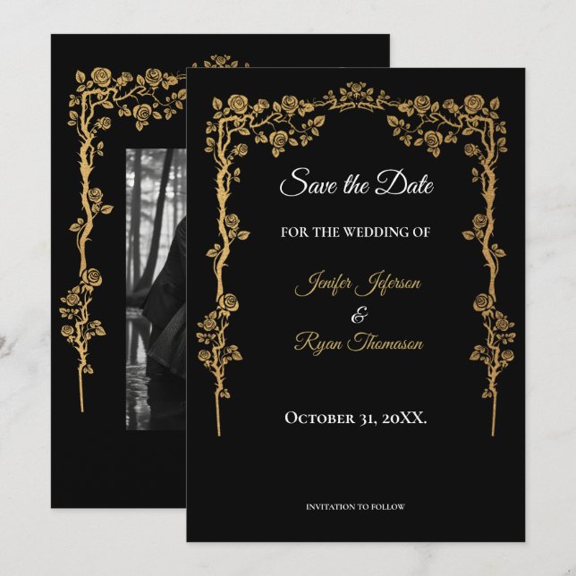 Anúncio Elegant black and gold wedding save the date (Frente/Verso)