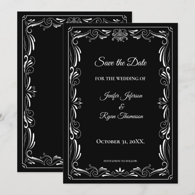Anúncio Elegant black and white wedding save the date (Frente/Verso)