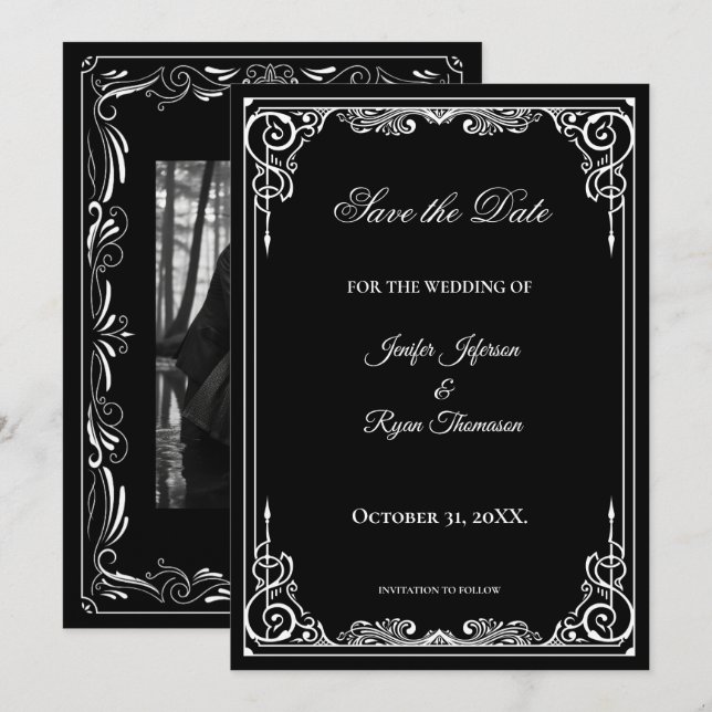 Anúncio Elegant black and white wedding save the date (Frente/Verso)