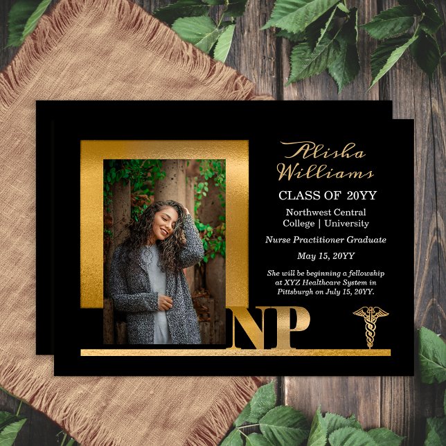 Anúncio Elegant Black Gold NP Nurse Practitioner (Elegant black and gold NP graduation announcement with modern photo layout)