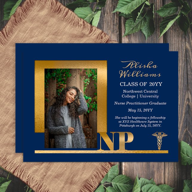 Anúncio Elegant Blue Gold NP Nurse Practitioner (Elegant blue and gold NP graduation announcement with modern photo layout)