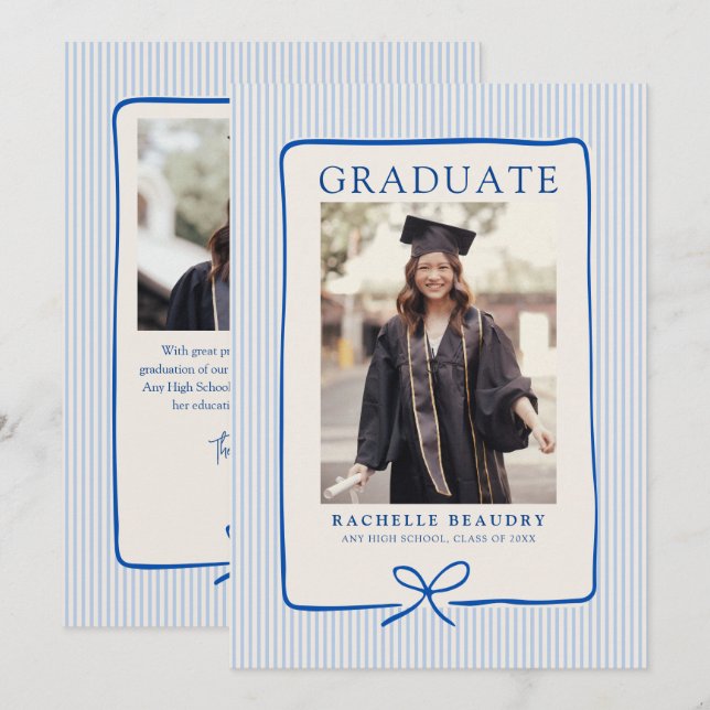 Anúncio Elegant Blue Stripes Bow Frame Graduation Photo  (Frente/Verso)