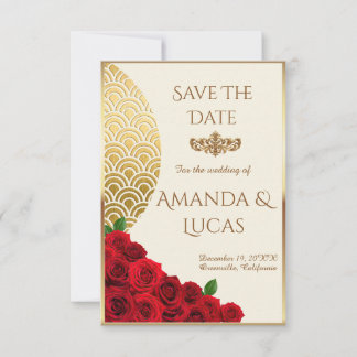 Anúncio Elegant Cream and Gold Save the Date with Red Rose