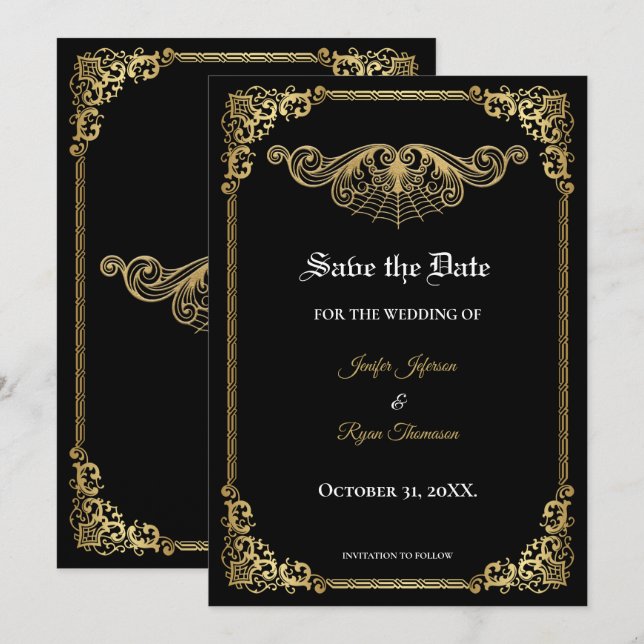 Anúncio Elegant gold Gothic wedding save the date (Frente/Verso)