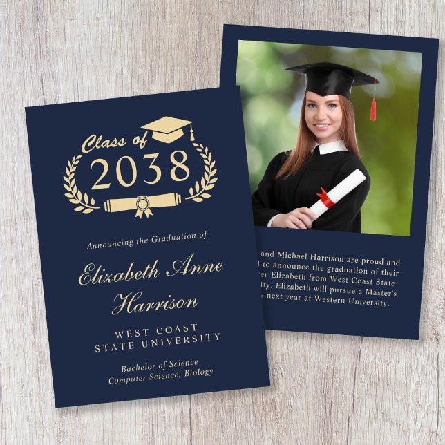 Anúncio Elegant Gold Script Blue Photo College Graduation (Elegant Gold Script Blue Photo College Graduation Announcement)