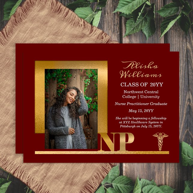 Anúncio Elegant Maroon Gold NP Nurse Practitioner (Elegant maroon and gold NP graduation announcement with modern photo layout)