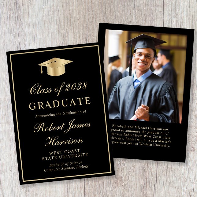 Anúncio Elegant Photo Gold Grad Cap Black Graduation (Elegant Photo Gold Grad Cap Black Graduation Announcement)