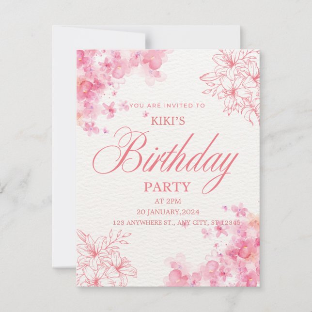 Anúncio Elegant Pink Floral Birthday Invitation (Frente)