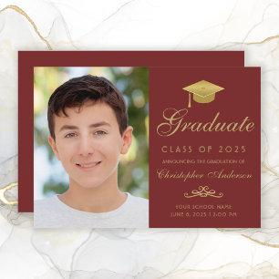 Anúncio Elegant Red Gold Script Grad Cap Photo Graduation