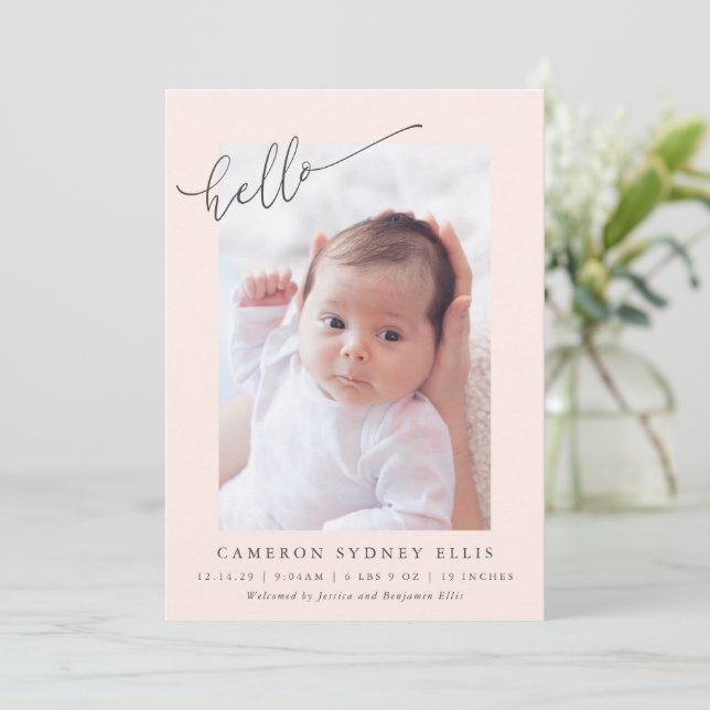 Anúncio Elegant Simple Minimalist Hello Blush Photo Birth (Em pé/Frente)