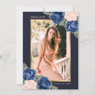 Anúncio Elegante Azul Rosa Dourado Floral Foto Graduação