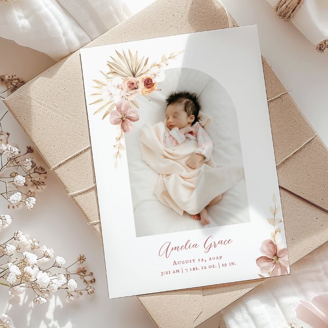 Anúncio Elegante Boho Floral Baby Girl (Elegant Boho Floral Baby Girl Announcement)