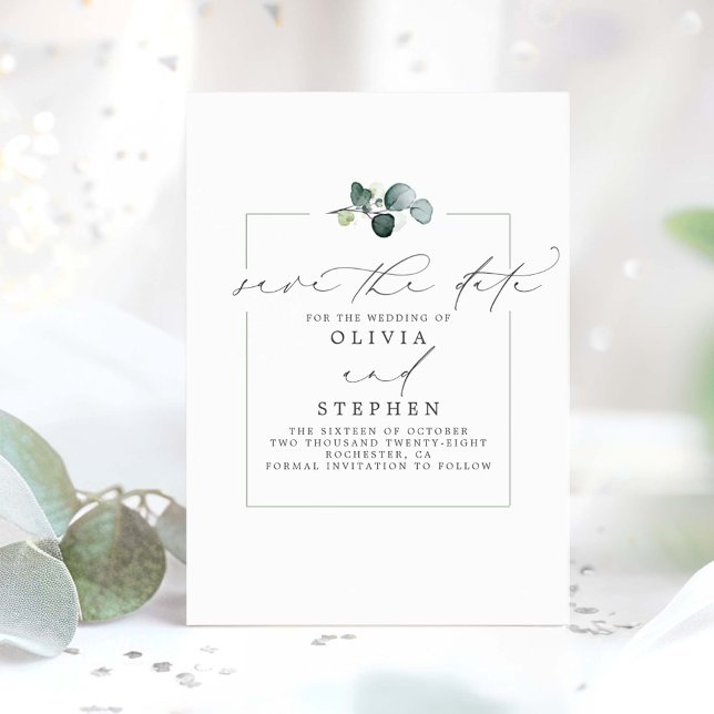 Anúncio Elegante Eucalyptus Greenery Salvar A Data (Minimalist Save the Date Card)