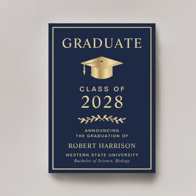 Anúncio Elegante Faculdade Azul Dourado Graduação (Cherish the milestone: share your graduate's achievement with a custom graduation announcement)