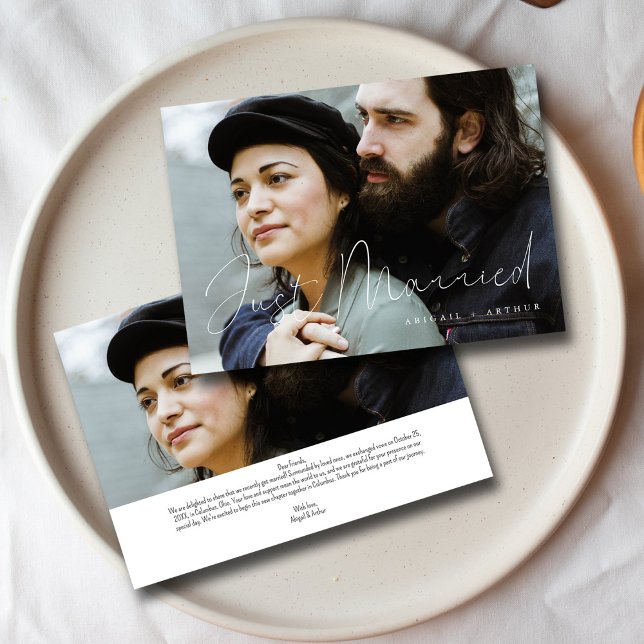 Anúncio Elegante Foto de Casamento de Recem casados com Le (Elegant Script Just Married _ Modern Wedding Photo Announcement )