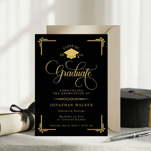 Anúncio Elegante Graduação Universitária em Preto e Dourad