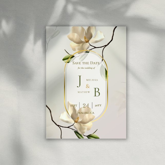 Anúncio Elegante Oriental Magnolia Casamento Salve a Data (Elegant Oriental Magnolia Wedding Save the Date Card)