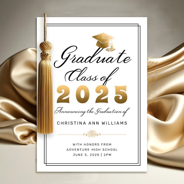 Anúncio Elegante Ouro Branco Preto Script Formatura 2025 (Elegant White Gold Script Graduation Announcement)
