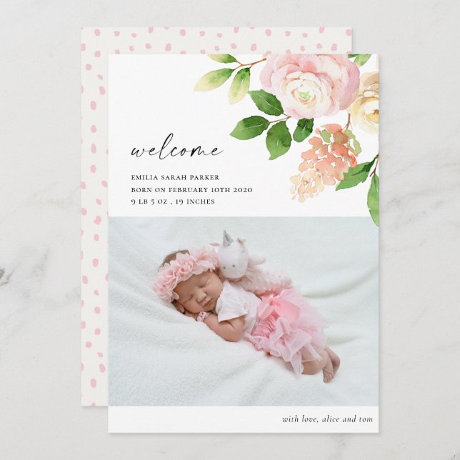 Anúncio Elegante Rosa Rosa Rosa Rosa Rosa Floral Foto Bebê (Frente/Verso)