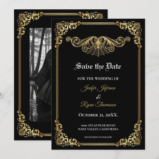 Anúncio Elegante save the date de casamento gótico em ouro (Frente/Verso)