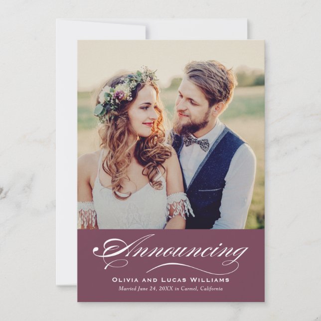 Anúncio Elegante Script de Vinho Casamento Foto Casamento (Frente)