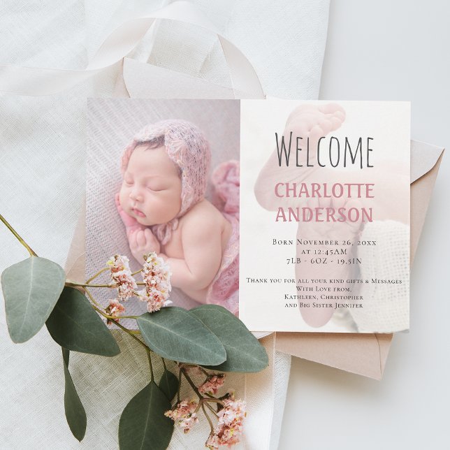 Anúncio Elegante Script Welcome Baby Girl Foto Pink Birt (Criador carregado)