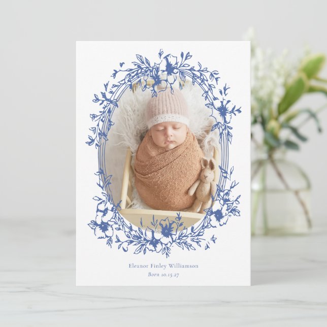 Anúncio Elegante Vintage Blue Frame Photo Baby Birth (Em pé/Frente)