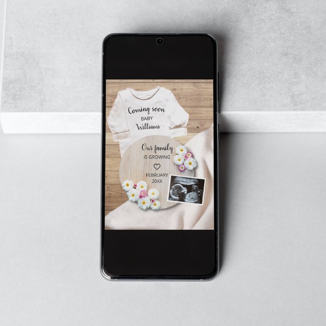 Anúncio Em Breve Ultrassom Floral Gravidez Foto (comin soon floral photo pregnancy announcement)