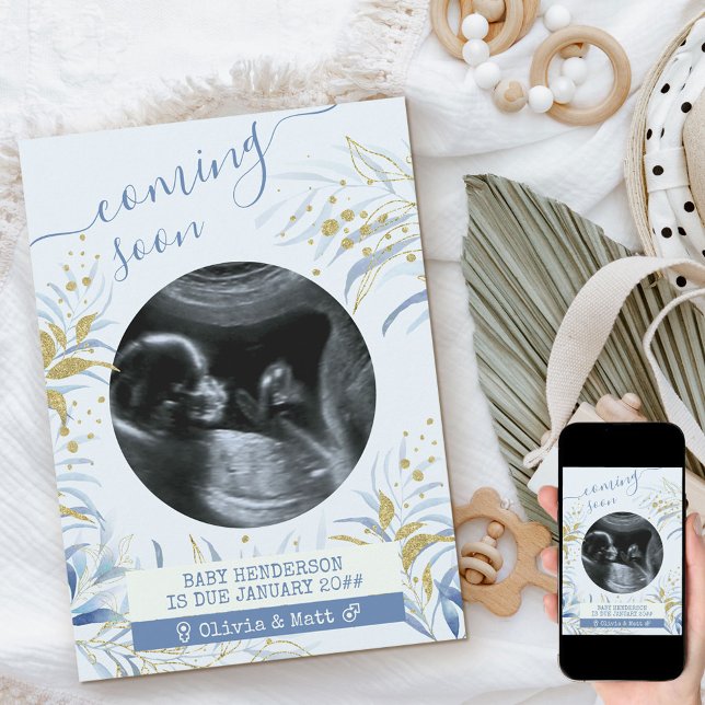Anúncio Em Breve Ultrassom Foto Dourada Folhagem Azul (Criador carregado)