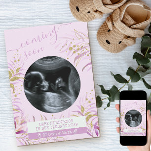 Anúncio Em Breve Ultrassom Foto Dourada Folhagem Rosa