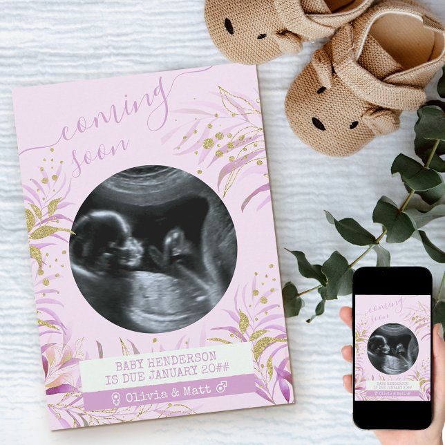 Anúncio Em Breve Ultrassom Foto Dourada Folhagem Rosa (Criador carregado)