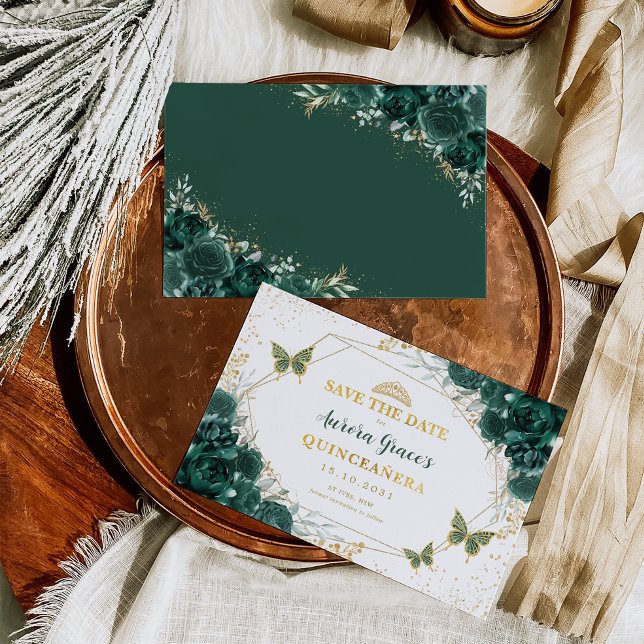 Anúncio Emerald Green Floral Quinceanera Salve a Data (Criador carregado)