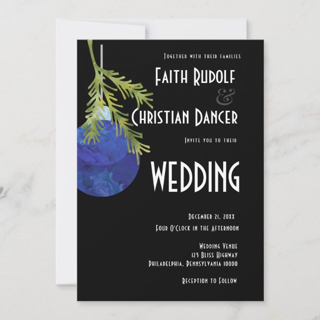 Anúncio Enfeite de Natal Azul, Casamento Moderno (Frente)