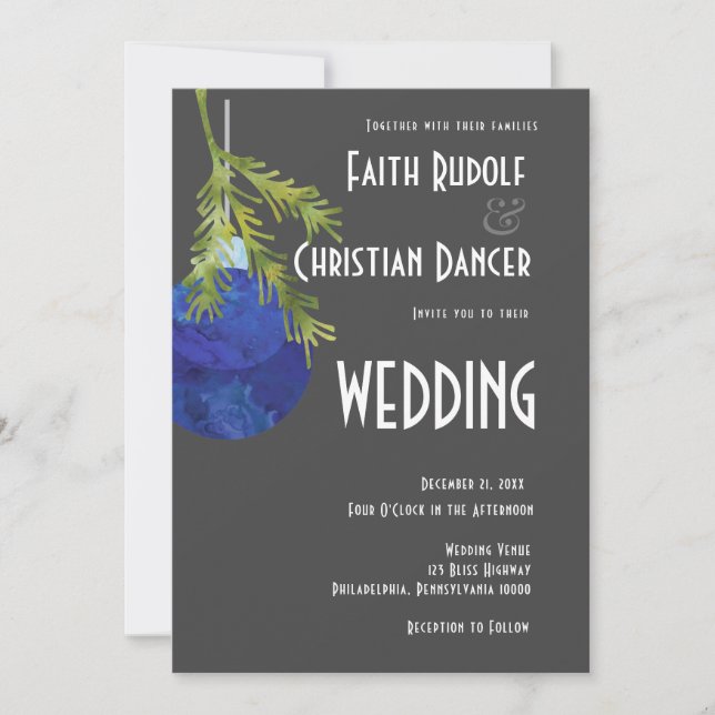 Anúncio Enfeite de Natal Azul, Casamento Moderno (Frente)