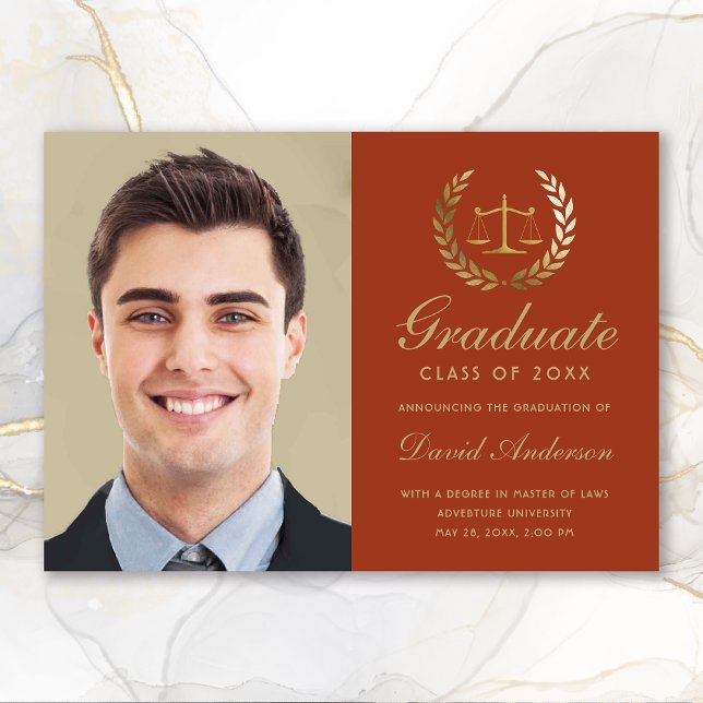 Anúncio Escalas Douradas da Lei de Justiça Graduação Laran (Gold Scales of Justice Law Orange Photo Graduation Announcement)